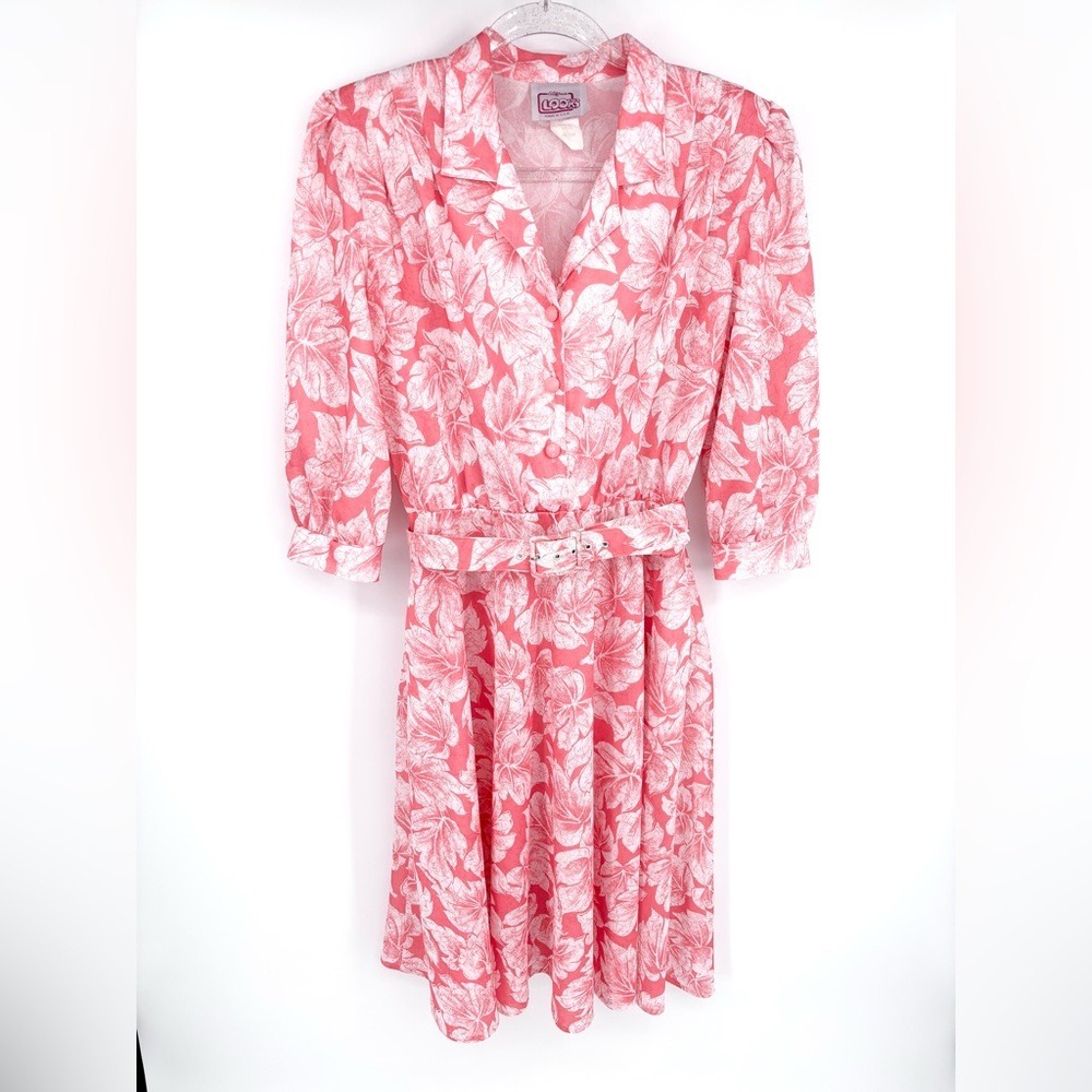 Vintage 70s Dress Size 10 California Looks Floral Pink White‎ Belted Retro